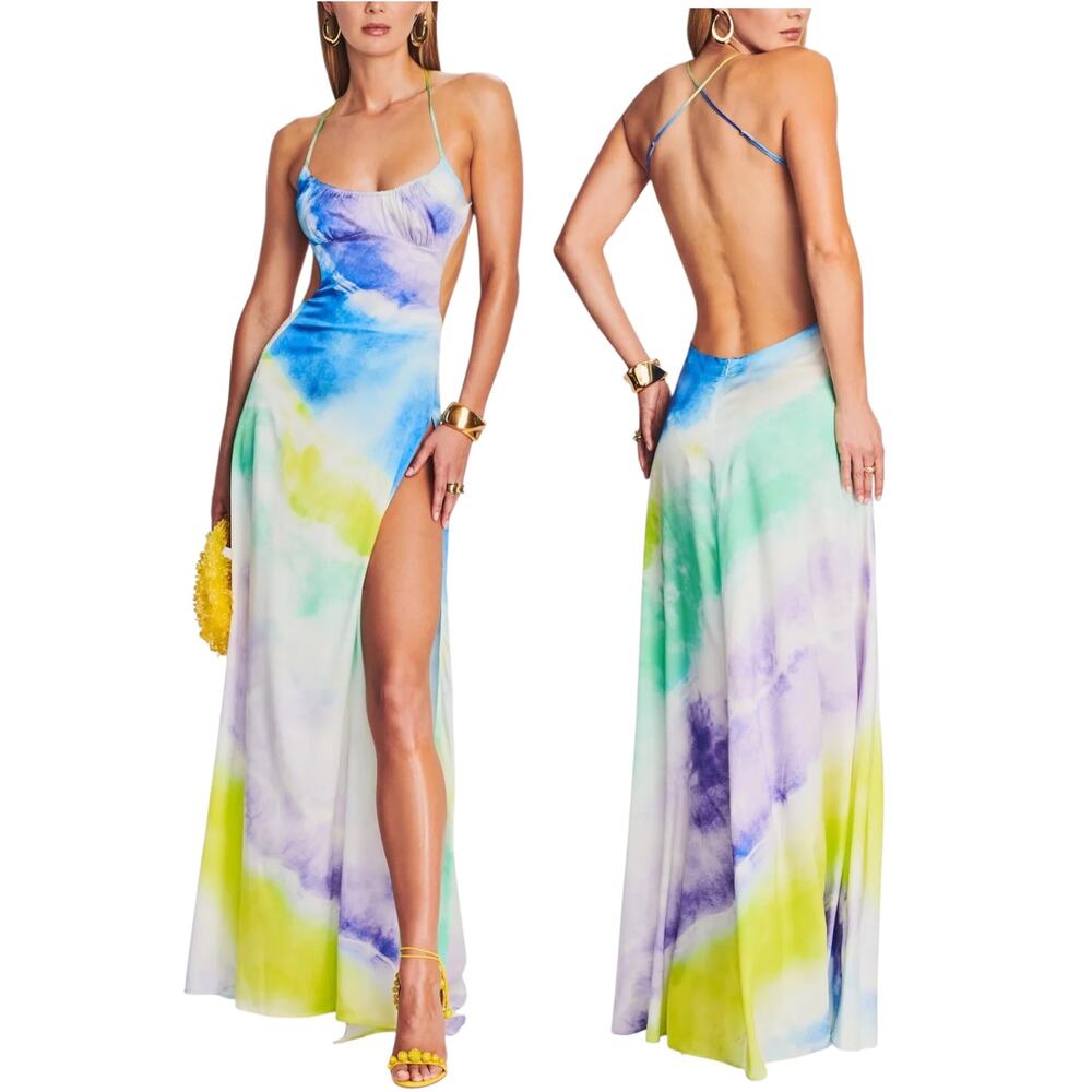 Retrofête NWT 'Scarlett' Silk Chiffon Maxi Dress, Pastel Watercolor Wave, Medium